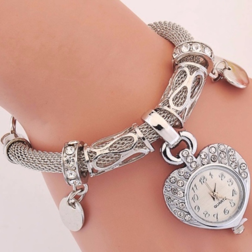 New Silver Charm Bracelet with Heart Shaped Watch